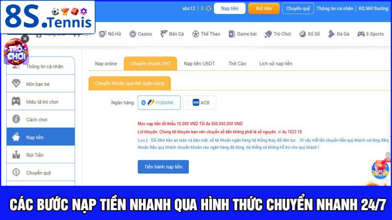 nạp tiền 8S bằng hình thức chuyển nhanh 24/7